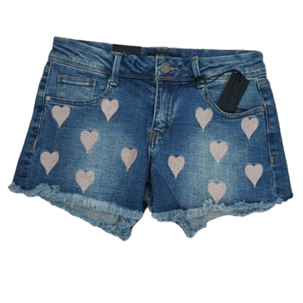 ‎C est Toi Denim Shorts Embroidered Pink Hearts